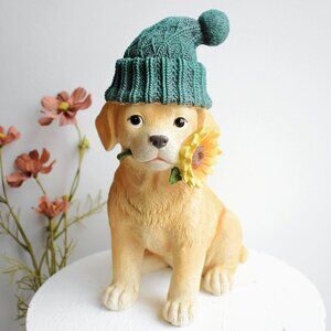 Labrador Puppy Dog Beanie Hat Sunflower Resin Statue Cottagecore Decor